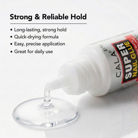 Pro Quick Dry Nail Glue For False Nails And Tips That Delivers A Strong Hold, close-up on nozzle dispensing glue, 0.5 oz bottle