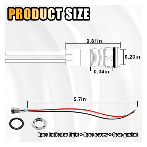 Diagram of 5 Piece 6MM One Quarter Inch LED Indicator Light Kit dimensions with 145mm wire and components shown