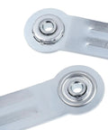4 Pack 6.9 Inch Glider Bearing Arm Brackets With 5.5 Inch Center Spacing In Silver Iron, No Fuss Factory Sealed Ball Bearings For Low Maintenance, Quarter Inch Bearing Hole, 1.42 Inch Head Diameter, 1.1 Inch Band Width. close-up of silver iron glider bearing bracket with sealed bearing