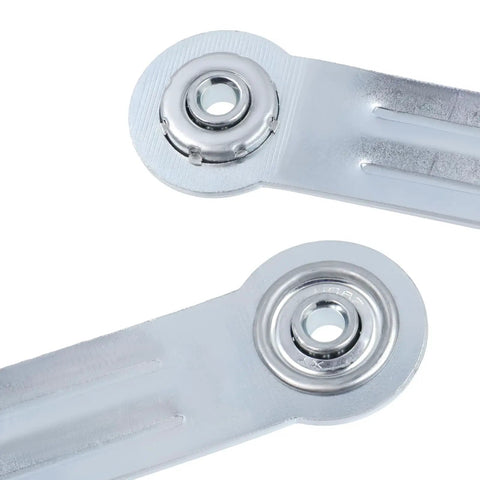 4 Pack 6.9 Inch Glider Bearing Arm Brackets With 5.5 Inch Center Spacing In Silver Iron, No Fuss Factory Sealed Ball Bearings For Low Maintenance, Quarter Inch Bearing Hole, 1.42 Inch Head Diameter, 1.1 Inch Band Width. close-up of silver iron glider bearing bracket with sealed bearing