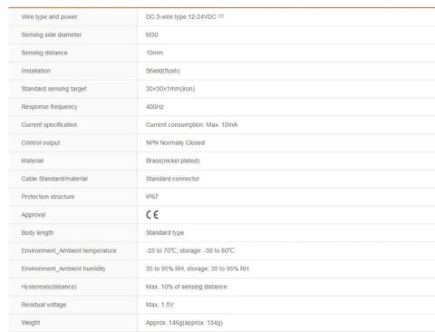 Autonics PRCM30-10DN2 Inductive Proximity Sensor NPN Three-Wire DC 12-24V M30 Size With 10mm Sensing Distance For Iron Targets, Shielded Flush Mount, Rugged Shop Floor Ready Housing, Industrial Automation Grade, New 1Pc specifications table