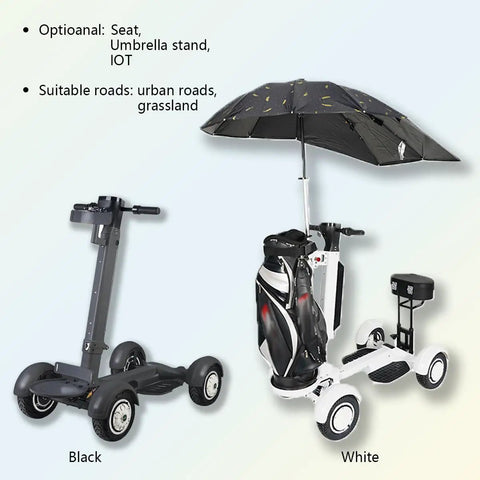 Foldable Electric Golf Cart With Tough Dual Motor Grip, 48V Extended Battery Plays Nine Holes Without Breaking A Sweat, Padded Seat Keeps It Chill On The Fairway, Smooth Operator Flow For Weekend Rounds in black and white.