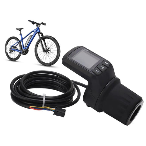 Easy Install LCD Display Electric Bike Meter Kit With Half Handle Grip and 5P Common Wire next to blue mountain bike