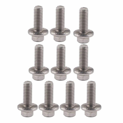 Super Heavy Duty M6 Stainless Steel Hex Flange Bolts Set With 304 Grade Rust Resistant Fasteners in a 10 pack, showcasing bolts with built-in washers.