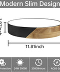 Round Wood Grain Black Flush Mount Ceiling Light 12 Inch 24W LED Fixture, Warm White 3000K, energy saving modern design
