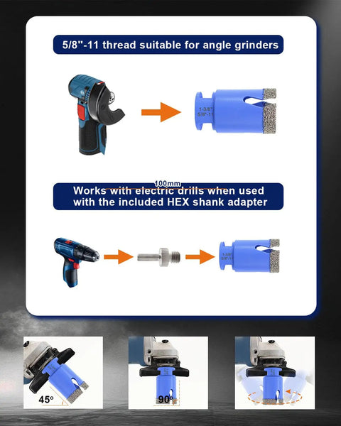 Slay Your DIY Proj With This Diamond Tile Hole Saw Kit Including Porcelain Ceramic Granite Marble Drill Bits And Beveling Chamfer Adapter, showing HEX shank adapter and drill compatibility.