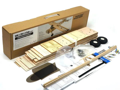 J-3 Cub Balsa Wood Model Airplane Kit With 46 Inch Wingspan Laser Cut DIY RC Plane Build For Adults Functional Landing Gear Realistic Cowl And Windscreen Included unassembled parts