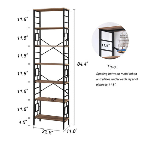 Sturdy 84 Inch Tall Industrial Bookshelf With Rustic Brown Metal Frame And Seven Open Shelves For Cozy Living Room And Bedroom, 84.4" tall.