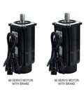 Two black servo motors with brakes (80 and 90 models) and attached cables, shafts facing upward.