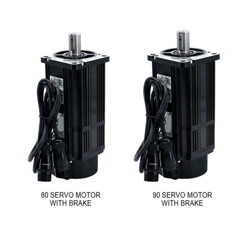 Two black servo motors with brakes (80 and 90 models) and attached cables, shafts facing upward.