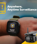 Smartwatch displaying camera alert alongside Solar Powered 4G LTE Outdoor Security Camera For Remote Construction Sites With Included SIM Card Night Vision IP65 Weather Resistant Wireless Surveillance With Solar Panel And All Day Battery Life No WiFi Needed.