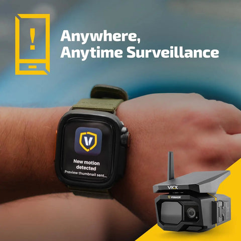Smartwatch displaying camera alert alongside Solar Powered 4G LTE Outdoor Security Camera For Remote Construction Sites With Included SIM Card Night Vision IP65 Weather Resistant Wireless Surveillance With Solar Panel And All Day Battery Life No WiFi Needed.