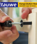 Solid As A Rock M4 0.7 X 10 Mm Flange Button Head Screw Set 100 Pack being installed with wrench into wood.