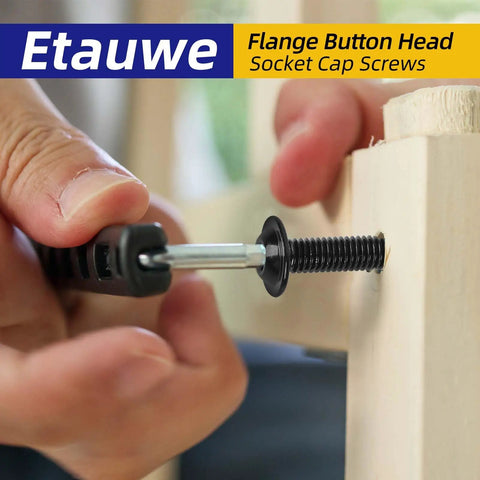 Solid As A Rock M4 0.7 X 10 Mm Flange Button Head Screw Set 100 Pack being installed with wrench into wood.