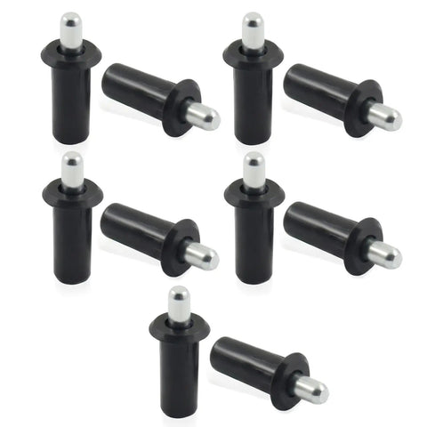 Heavy Duty Black Spring Loaded Cabinet Door Repair Pins 10 Pack Built Tough Plastic Steel Hardware for Shutters, close-up view.