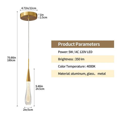 Diagram of dimensions and specs for Gold Brushed Brass Teardrop Crystal Pendant Lights 3-Pack, Dimmable LED Ceiling Fixtures.
