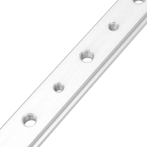 Close-up of 200mm aluminum miter bar accessory with T slot track jig and mounting holes for woodworking jigs and fixtures, silver finish.