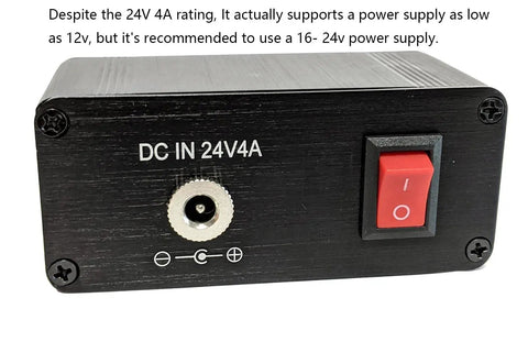 Beefed Up High Power Digital Soldering Station power input panel with DC IN 24V4A label and red power switch