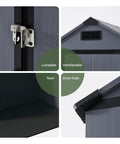 Close-up of details on 4x6 Ft Resin Outdoor Storage Shed With Reinforced Floor And Lockable Door, including lock, ventilation, and drain features.