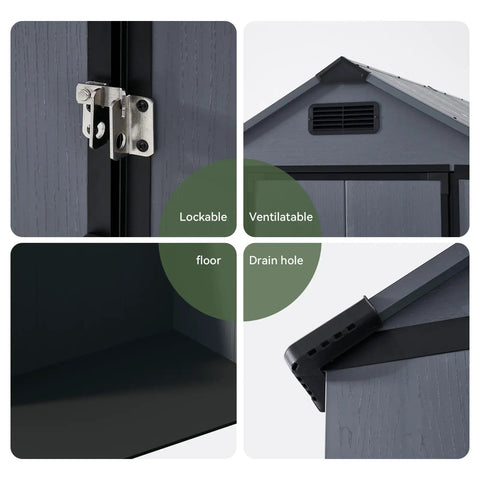 Close-up of details on 4x6 Ft Resin Outdoor Storage Shed With Reinforced Floor And Lockable Door, including lock, ventilation, and drain features.