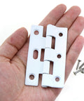 Badass White Trifold Butt Hinges For Cabinet Doors And Wooden Toolboxes Rustproof iron hardware, held in hand with screws.