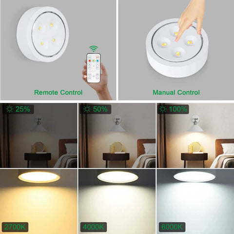 No-Hassle Remote Control Screw-In Puck Lights For E26 Bases, 2-Pack Battery Powered Puck Lights With Screw-In Base For Non-Hardwired Wall Sconces, Easy Install, Batteries Not Included shown with lighting options and remote control