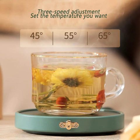 Smart Electric Coffee Mug Warmer Triple Temperature Settings Digital Display with herbal tea cup on compact base.
