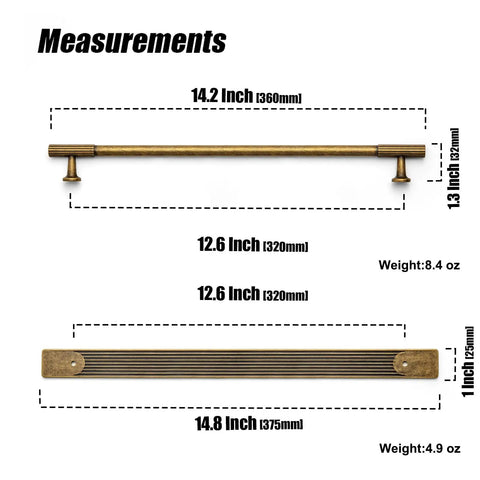 Measurements for Antique Brass Zinc Alloy Cabinet Handle With Backplate 12.6 Inch Hole Center Pull, showing dimensions in inches and mm
