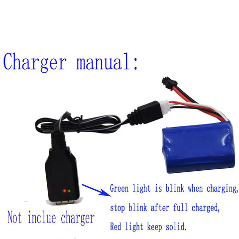 Two Pack 7.4V 1100mAh Li-ion rechargeable battery with SM2P plug, USB charger cable, and charger manual instructions for H101 H103 RC boats and cars