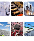 Collage of laboratory, factory, space shuttle, wind turbines, computer chip, and power lines.
