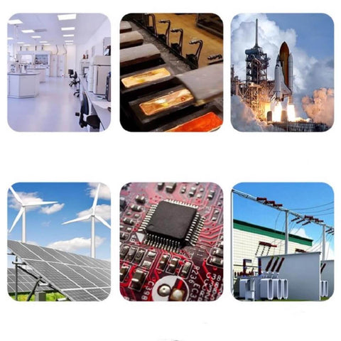 Collage of laboratory, factory, space shuttle, wind turbines, computer chip, and power lines.