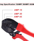 Heavy Duty Ratcheting Crimping Tool For 15 30 And 45 Amp Power Connectors Plus Modular Battery Terminals Made With High Carbon Steel and PVC Grip Handles For Pro Electricians showing crimp specifications.