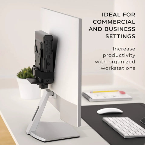 Thin Client Mount Bracket For Under Desk And VESA Arm Setups with mini PC mounted on monitor in office environment