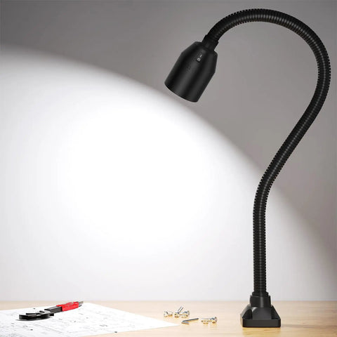 450 Lumen COB LED Work Light with flexible gooseneck illuminating tools on a workbench for machine tools and lathe workbenches.