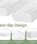 12 Pack Plastic Organizer Baskets White Storage Bins Trays For Desk Home Office Shelves And Craft Room Organization Easy Grab Mess Free Neat And Tidy Large Capacity Stackable Ventilated Mesh showing non-slip design and stackability