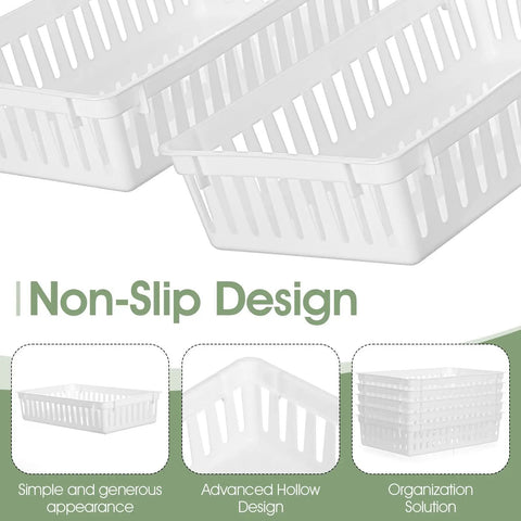 12 Pack Plastic Organizer Baskets White Storage Bins Trays For Desk Home Office Shelves And Craft Room Organization Easy Grab Mess Free Neat And Tidy Large Capacity Stackable Ventilated Mesh showing non-slip design and stackability