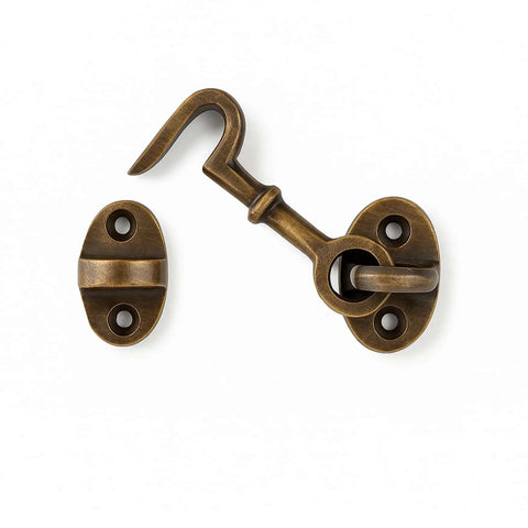 2.75 Inch Solid Brass Cabin Hook Latch With Vintage Antique Finish for windows, cabinets, barn doors, and small shutters.