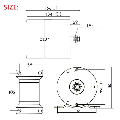 Technical drawing of Beefed Up Brushless DC Motor Kit For Electric Scooters And Bikes 48V 2000W 4300RPM, with dimensions labeled.