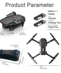 Mini Foldable Drone With Two 4K HD Cameras, 360 Degree Flip, dimensions and specs diagram, remote controller, batteries shown