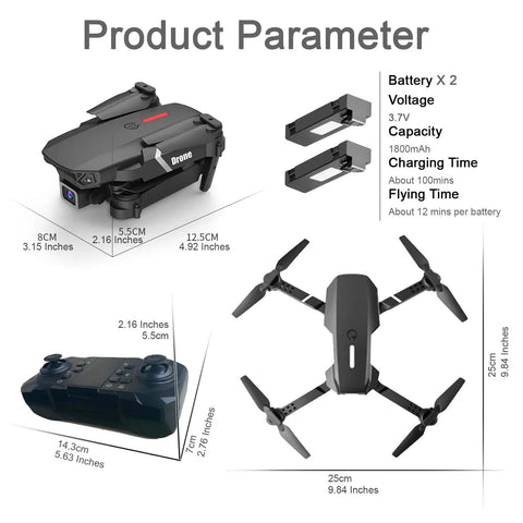 Mini Foldable Drone With Two 4K HD Cameras, 360 Degree Flip, dimensions and specs diagram, remote controller, batteries shown