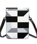 Super Chic Black And White Piano Grid Phone Pouch With Adjustable Crossbody Strap Hella Protective Lightweight Cell Phone Purse For Daily Grind And Smooth Travel Vibes, front view with black and white geometric design.
