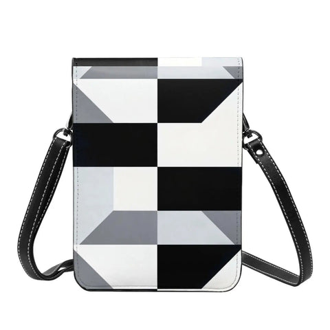 Super Chic Black And White Piano Grid Phone Pouch With Adjustable Crossbody Strap Hella Protective Lightweight Cell Phone Purse For Daily Grind And Smooth Travel Vibes, front view with black and white geometric design.