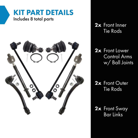 Front Steering And Suspension Kit With Ball Joints Tie Rods And Sway Bar Links For Tight Handling And Smooth Ride Includes 8 parts