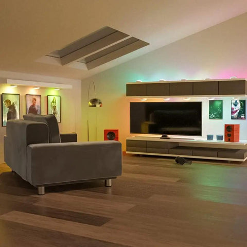 Living room with ambient lighting from Six Pack LED Puck Lights With Remote Color Changing RGBW Under Cabinet Lighting Battery Powered.