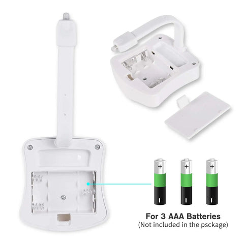 Motion Activated Toilet Night Light With 8 Color LED showing battery compartment for AAA batteries, white ABS housing