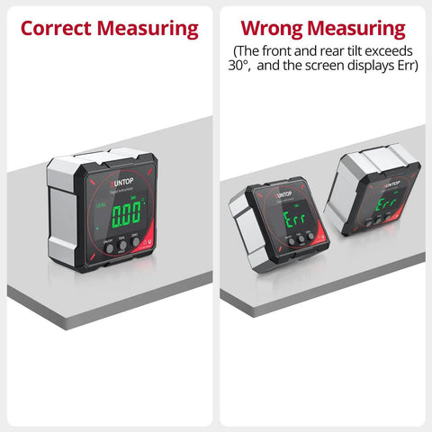 Precision Digital Angle Finder With Four Side Strong Magnet And Quick Zero Function For Dead On Accuracy In Carpentry Metalwork. Correct vs Wrong Measuring Display.