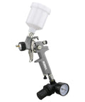 Handy Mini Hvlp Gravity Feed Spray Paint Gun With Zero Point Eight Mm Needle Tip And Sixteen Ounce Mixing Cup, gray body, used for fine painting.