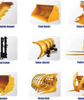 Image showing various attachments for Compact Track Skid Steer Loader With Enclosed Cab For Construction Projects And Material Handling.