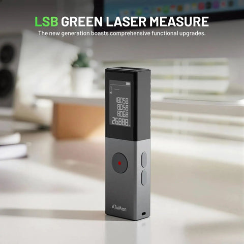 Dope Green Laser Distance Meter With 165 Feet Range, 2mm Accuracy, Rechargeable Battery, Handheld Measuring Tool For Quick, Precise Distance And Area Calculations. Green laser meter on tabletop