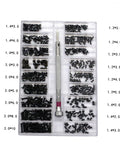 Miniature Screw Set With 18 Sizes, Flat Head Screws, Clear Storage Case for DIYers and Assembly Pros, shown with screwdriver